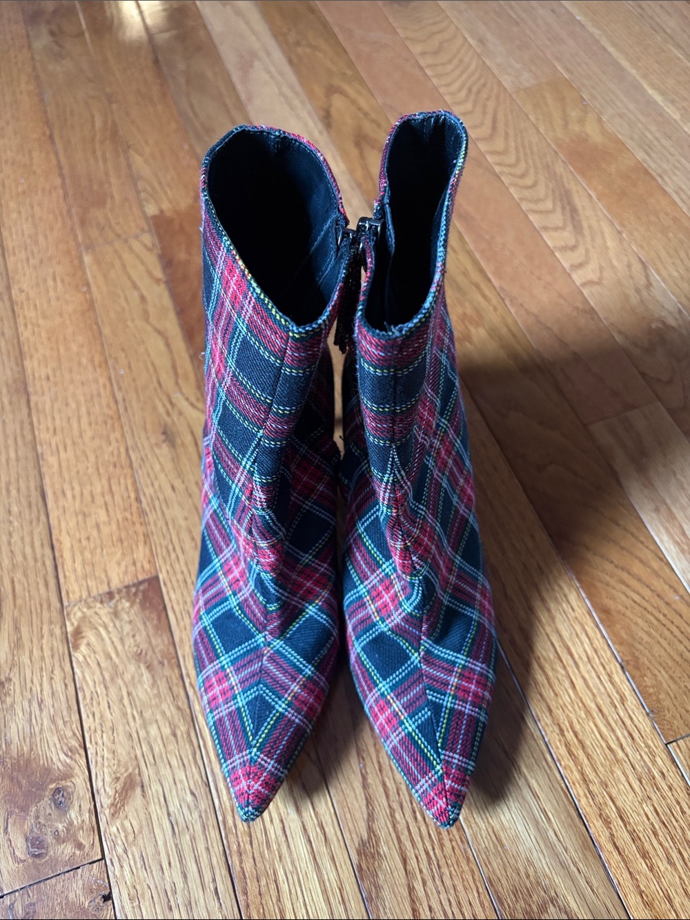 Zara Red and Black Plaid Pointed-Toe Ankle Boots